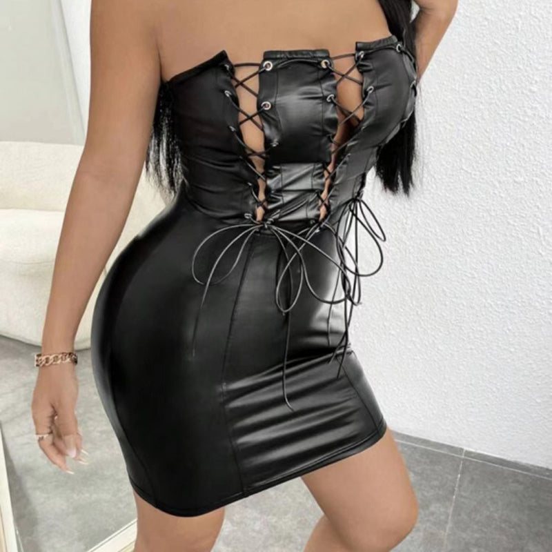 Sexy tube top tight PU leather strap dress