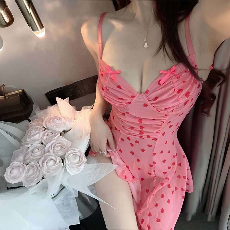 Summer Thin Love Mesh Sexy Bowknot Pure Nightdress
