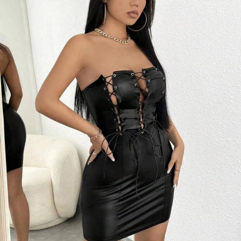 Sexy tube top tight PU leather strap dress